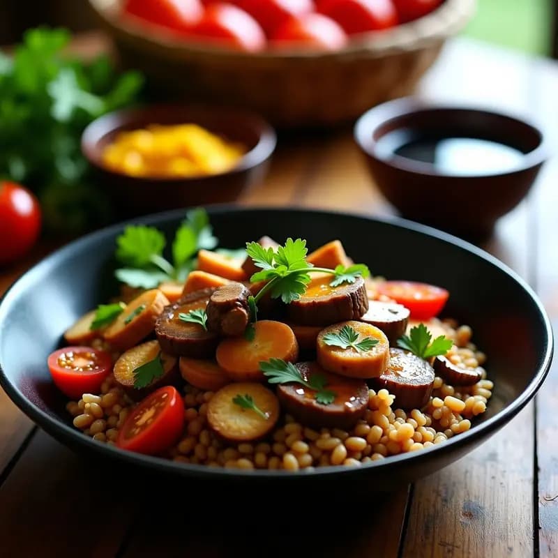 Plato hondo de cerámica negra con lomo saltado vegetariano: tiras doradas de champiñones portobello, cubos de tofu crujiente, cebolla roja y tomate perita salteados, bañados en una salsa oscura brillante. Decorado con perejil fresco y servido sobre una base de arroz integral. Receta peruana vegetariana y alta en proteína.
