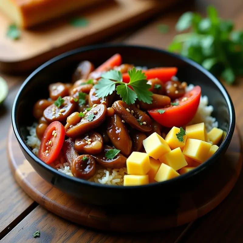 Plato de Lomo Saltado vegano con champiñones portobello y shiitake salteados en salsa de soja oscura, servidos sobre arroz jazmín blanco, decorado con cilantro fresco y gajos de limón, en un wok de hierro fundido sobre una mesa de madera rústica.