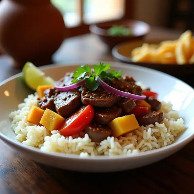 Plato hondo de cerámica blanca con Lomo Saltado Peruano: tiras de ternera dorada salteada con cebolla morada, tomate perita y pimiento amarillo, bañada en salsa espesa de color ámbar. Acompañado de arroz jazmín blanco y patatas rojas asadas en cubos dorados. Decorado con culantro fresco picado y una rodaja de limón al lado.
