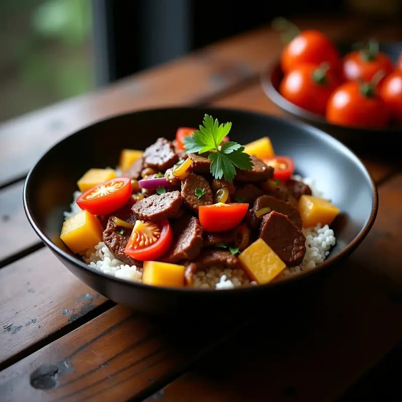 Plato hondo de cerámica negra con lomo saltado peruano: trozos de carne de res salteada con gajos de tomate rojo, cebolla morada, ají amarillo y patatas doradas. Decorado con culantro fresco y servido sobre un lecho de arroz blanco, con salsa espesa y brillante. Iluminación cálida que resalta los colores vibrantes del plato fusión china-peruana.