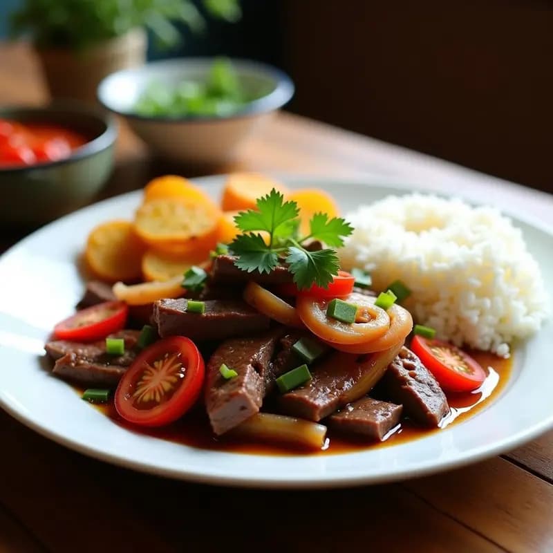 Plato hondo de cerámica blanca con Lomo Saltado Peruano: tiras de carne dorada, cebolla morada en juliana y gajos de tomate rojo salteados, decorado con culantro fresco. Acompañado de arroz blanco esponjoso y rodajas de papa dorada.