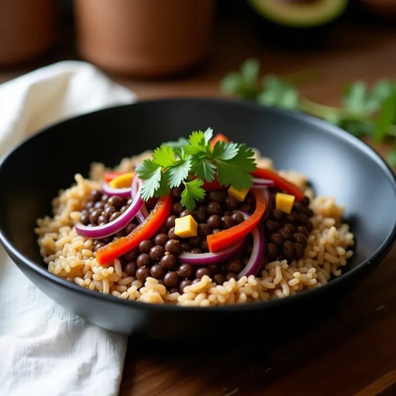 Plato hondo de cerámica negra con lomo saltado peruano vegano: lentejas pardinas salteadas con cebolla morada, tomate, pimiento rojo y ají amarillo, servido sobre arroz integral y decorado con cilantro fresco.