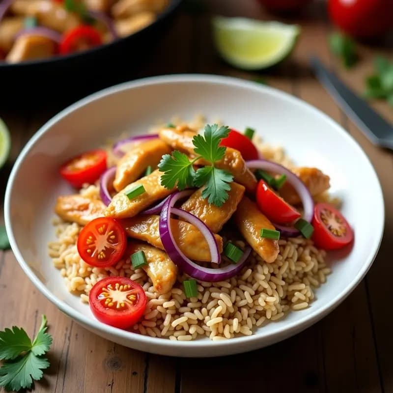 Plato hondo de cerámica blanca con Lomo Saltado con Pollo y Arroz Integral, mostrando tiras doradas de pollo salteado con cebolla morada, tomate, pimiento rojo y cebolla china, sobre una cama de arroz integral. Decorado con cilantro fresco y un hilo de aceite de sésamo brillante.