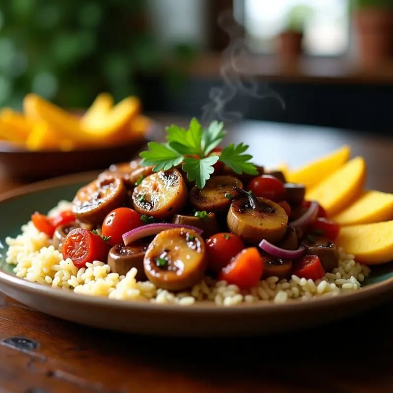 Plato de lomo saltado vegano con láminas doradas de champiñones Portobello, trozos de tomate asado y cebolla juliana, servido sobre arroz basmati blanco y acompañado de papas fritas amarillas crujientes. Decorado con hojas de cilantro fresco y un hilo de salsa de soja.