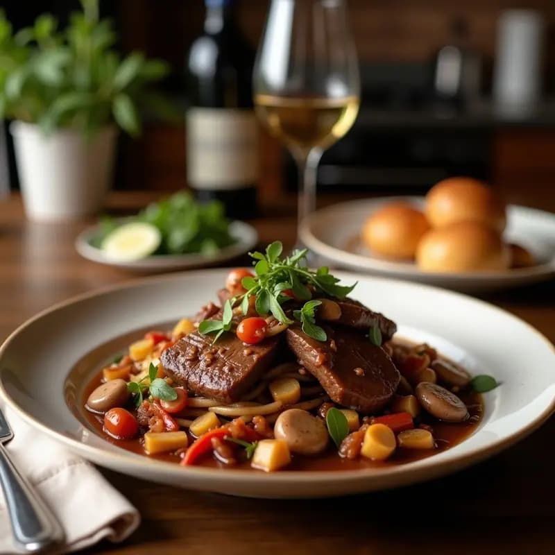 Plato hondo de cerámica oscura con Lomo Saltado vegano de Champiñones Portobello en salsa de Oporto, acompañados de arroz jazmín blanco y cilantro fresco. Los champiñones brillan con la salsa espesa y los anacardos tostados añaden un toque crujiente.