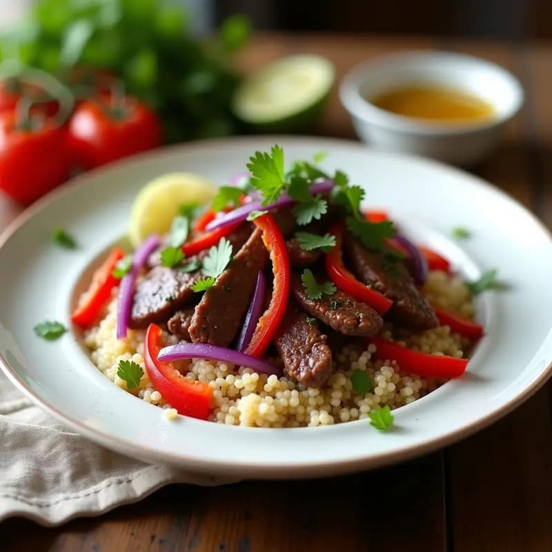 Plato hondo de cerámica blanca con Lomo Saltado con Quinoa light: quinoa cremosa cocida en leche de coco, tiras de lomo de res doradas, cebolla morada, pimiento rojo y tomate salteados, decorado con cilantro fresco y un hilo de aceite de sésamo, sobre fondo rústico de madera.