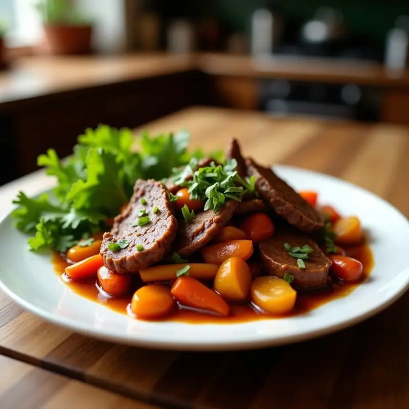 Wok de acero humeante con Lomo Saltado de Res y Vegetales: tiras de carne dorada, pimientos rojos y amarillos, cebolla morada, zanahoria y espárragos salteados, bañados en salsa de soja brillante. Servido sobre arroz jazmín blanco y decorado con perejil fresco.
