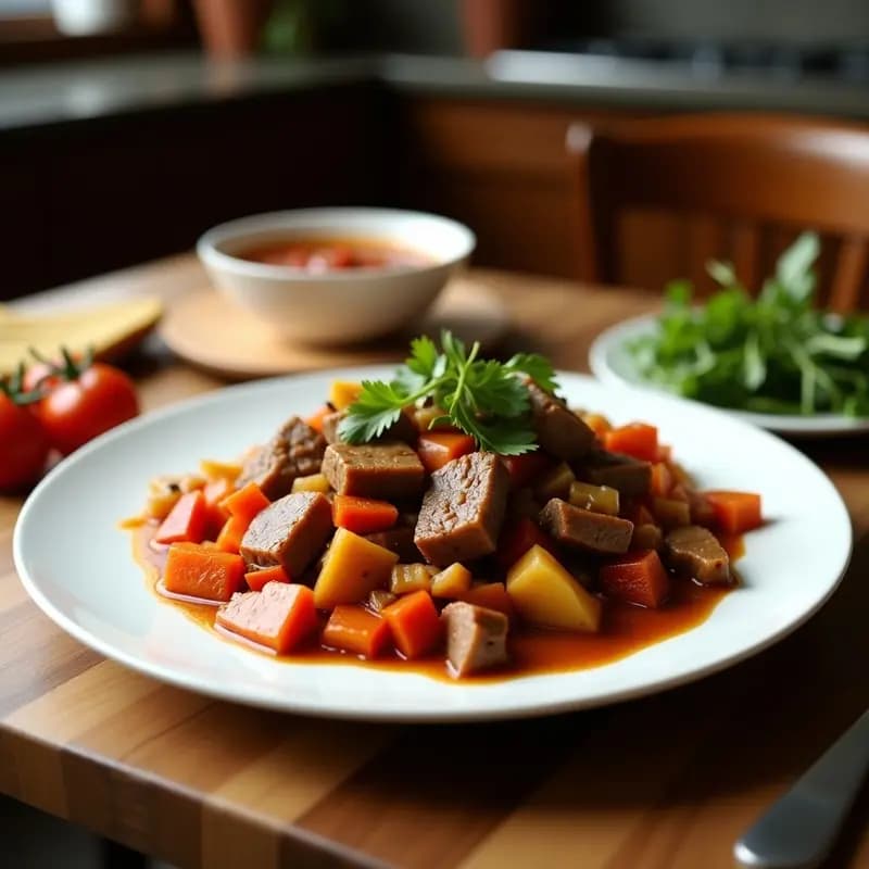 Wok de hierro con lomo saltado vegano de seitán dorado, pimientos rojos asados, espárragos trigueros y cebolla morada, bañado en salsa de sillao brillante. Servido sobre arroz jazmín blanco y decorado con cilantro fresco y semillas de sésamo. Plato colorido y apetitoso de fusión peruana-china.