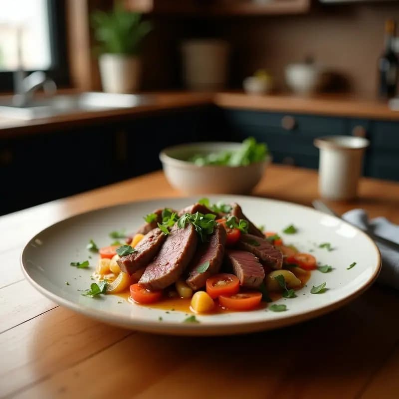 Wok de acero con Lomo Saltado con Sillao y Jengibre, trozos de carne dorada, vegetales frescos salteados y culantro, servido sobre arroz jazmín blanco.