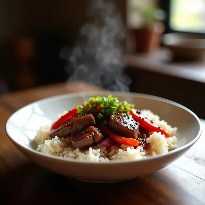 Plato hondo de cerámica blanca con Lomo Saltado de Ternera sobre arroz japonés esponjoso, decorado con semillas de sésamo y cilantro fresco. Los trozos de carne dorada, cebolla morada y tomate rojo brillan con los jugos del salteado, creando un contraste vibrante con el arroz.