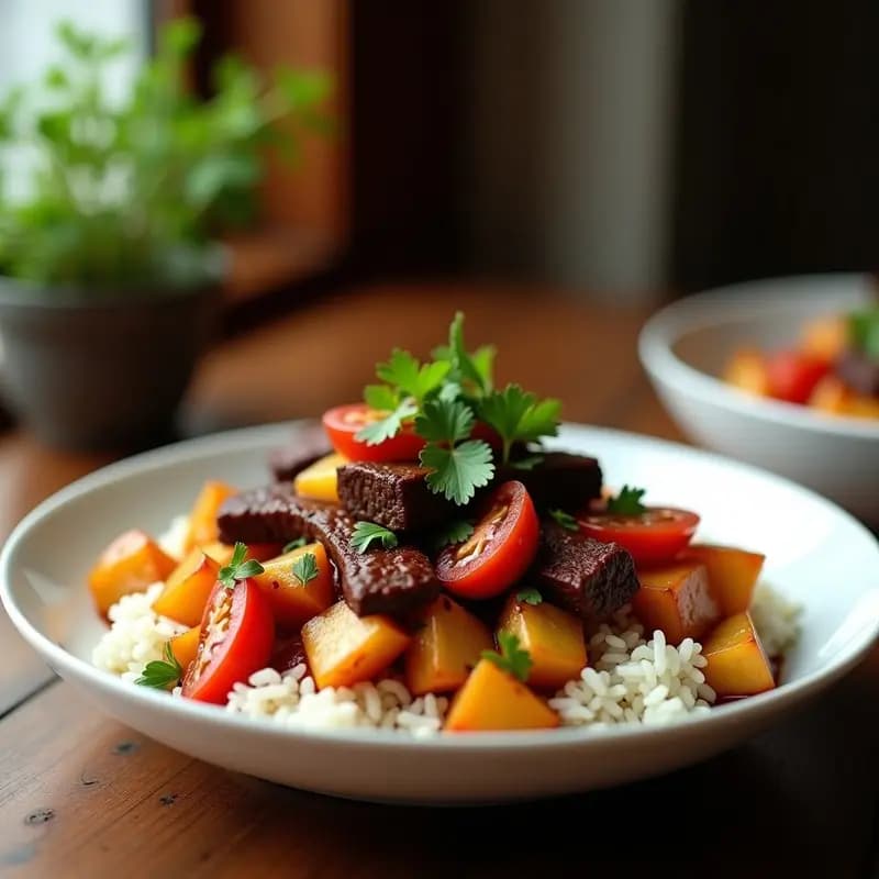 Plato hondo de loza blanca con lomo saltado peruano: ternera en tiras doradas, cubos de papa amarilla crujientes, cebolla morada y tomate salteados, bañados en salsa de sillao oscura, servido sobre arroz blanco esponjoso y decorado con culantro fresco.