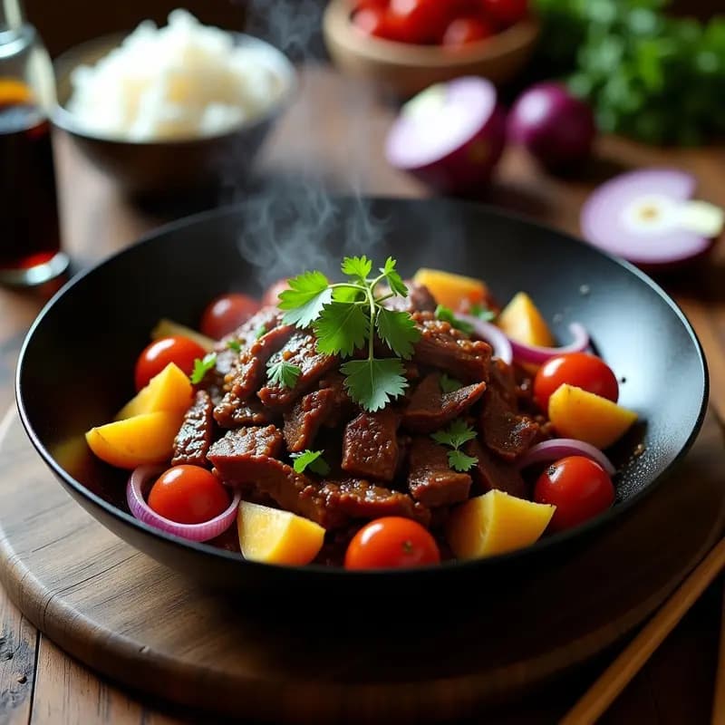 Wok negro con Lomo Saltado de Ternera, patatas doradas en cubos, cebolla morada caramelizada y tomates perita en gajos, decorado con cilantro fresco. Plato colorido y apetitoso de cocina peruana tradicional.