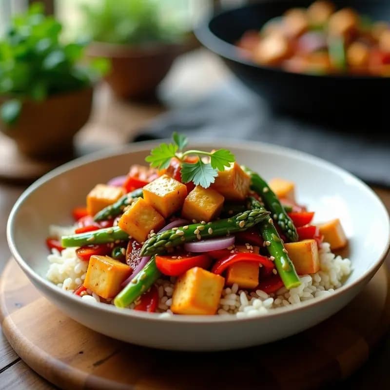 Wok de Lomo Saltado Peruano con Tofu dorado, pimientos rojos, cebolla morada y tomates cherry, servido sobre arroz basmati blanco, decorado con semillas de sésamo y cilantro fresco. Plato colorido y vibrante con tonos rojos, morados y verdes.
