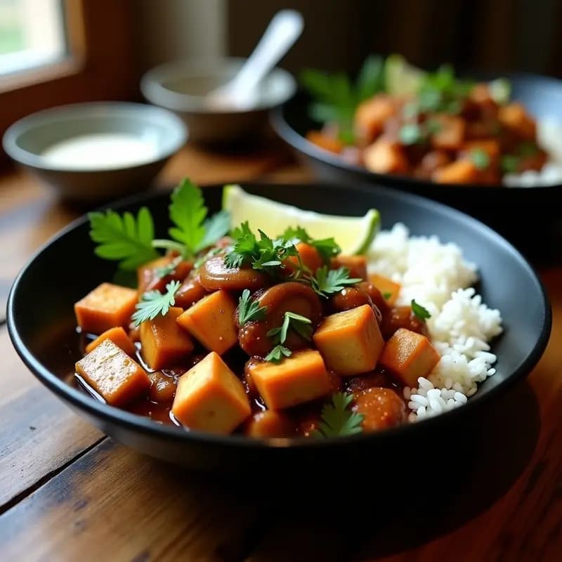 Plato hondo de cerámica negra con Lomo Saltado de Tofu y Hongos Shiitake, trozos dorados de tofu y hongos salteados en salsa de soja y tomate, decorado con cilantro fresco y acompañado de arroz basmati blanco y rodajas de limón.
