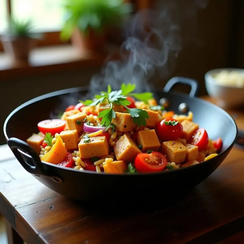 Plato de Lomo Saltado de Tofu y Quinoa servido en un bol de cerámica negra, con tofu dorado, pimiento rojo, cebolla morada y quinoa esponjosa, decorado con cilantro fresco y ají amarillo, receta peruana vegana y sin gluten en wok.