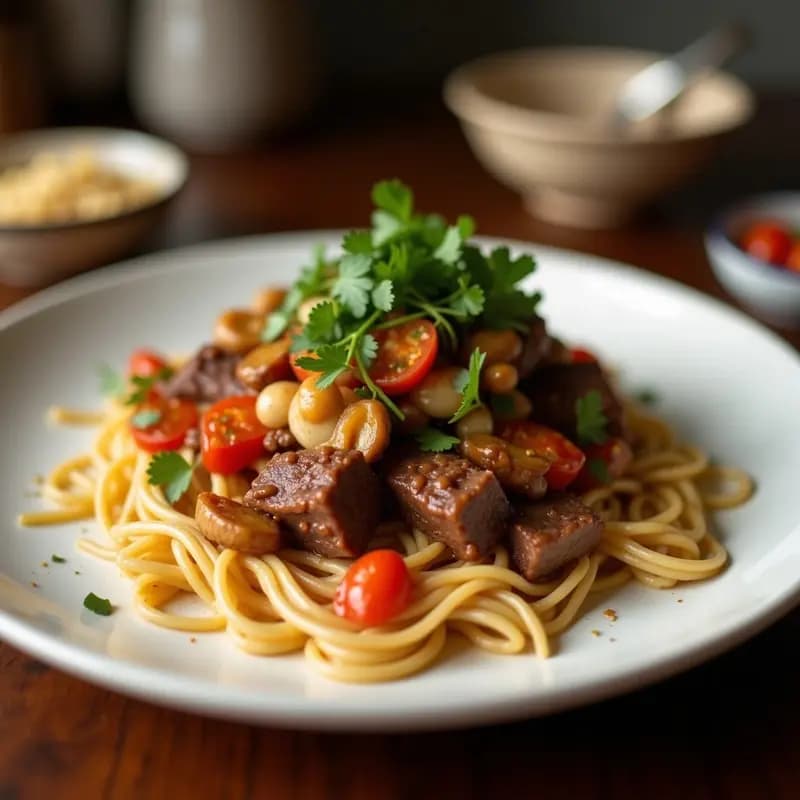 Wok humeante con Lomo Saltado vegano: tofu dorado, cebolla morada, pimiento rojo y tomate salteados, bañados en salsa de tamarindo brillante. Servido sobre arroz jasmin blanco, decorado con cilantro fresco. Plato colorido y vibrante con texturas contrastantes.