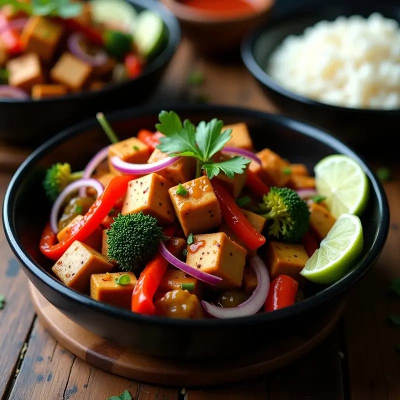 Plato hondo de cerámica negra con lomo saltado vegano: tofu dorado y crujiente, brócoli, pimiento rojo y cebolla morada salteados en salsa brillante, sobre arroz basmati blanco. Decorado con cilantro fresco y rodajas de lima.