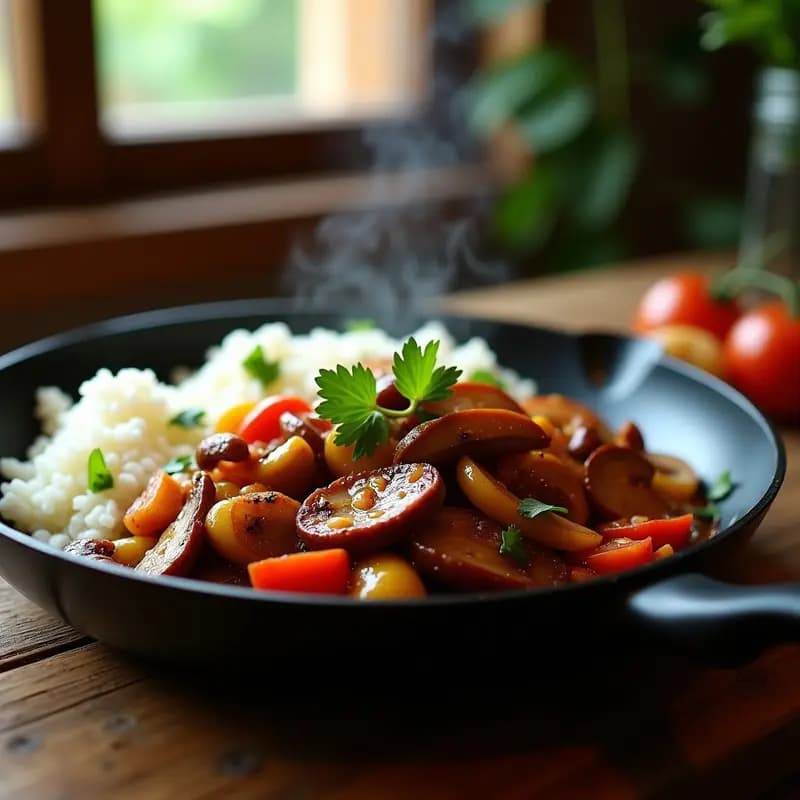 Plato hondo de cerámica negra con lomo saltado vegano de champiñones portobello dorados, salteados con cebolla morada, pimentón rojo y tomate, sobre un lecho de arroz basmati integral. Decorado con culantro fresco y rodajas de limón verde. Receta peruana vegana en sartén antiadherente.