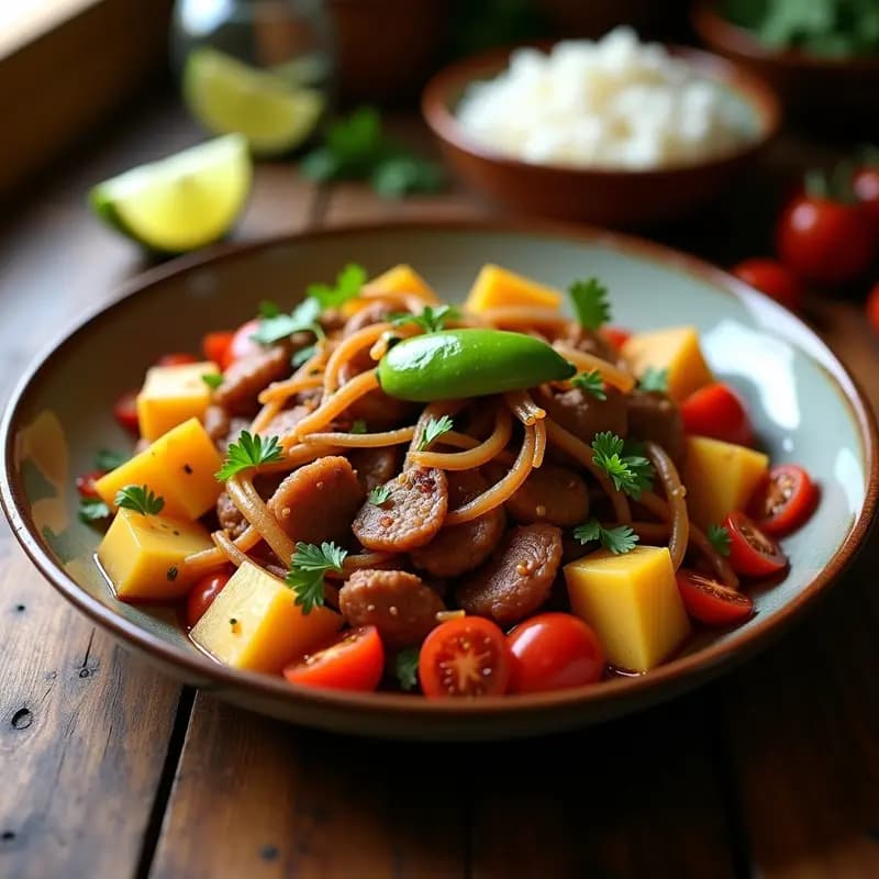 Plato de Lomo Saltado Vegano con Seitán y Papas: tiras doradas de seitán salteado con cebolla morada, tomate y ají amarillo, acompañado de papas amarillas crujientes y cilantro fresco. Receta peruana fusion en sartén.