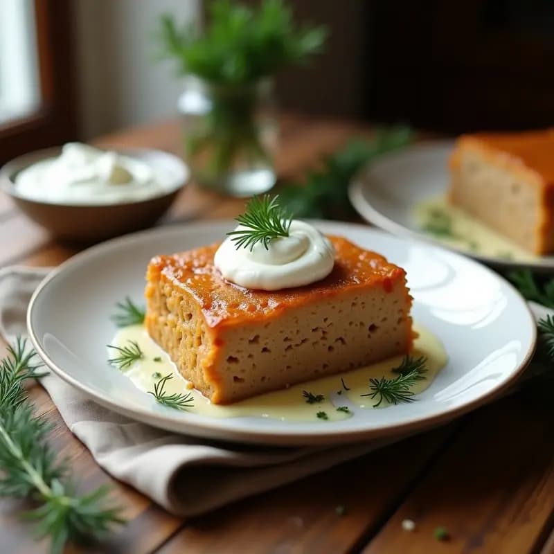 Molde rectangular dorado con Lomonosov de Terciopelo: pastel ruso de carne con capas de puré de patatas cremoso, relleno de ternera y hongos, cubierto de crema agria y eneldo fresco. Presentado en mesa de madera con fondo borroso.