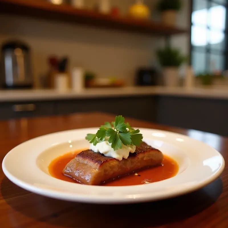 Plato blanco con lompito de cerdo glaseado en salsa de ciruela y ajo, decorado con semillas de sésamo tostadas y cebolla morada. Receta china dulce y salada.