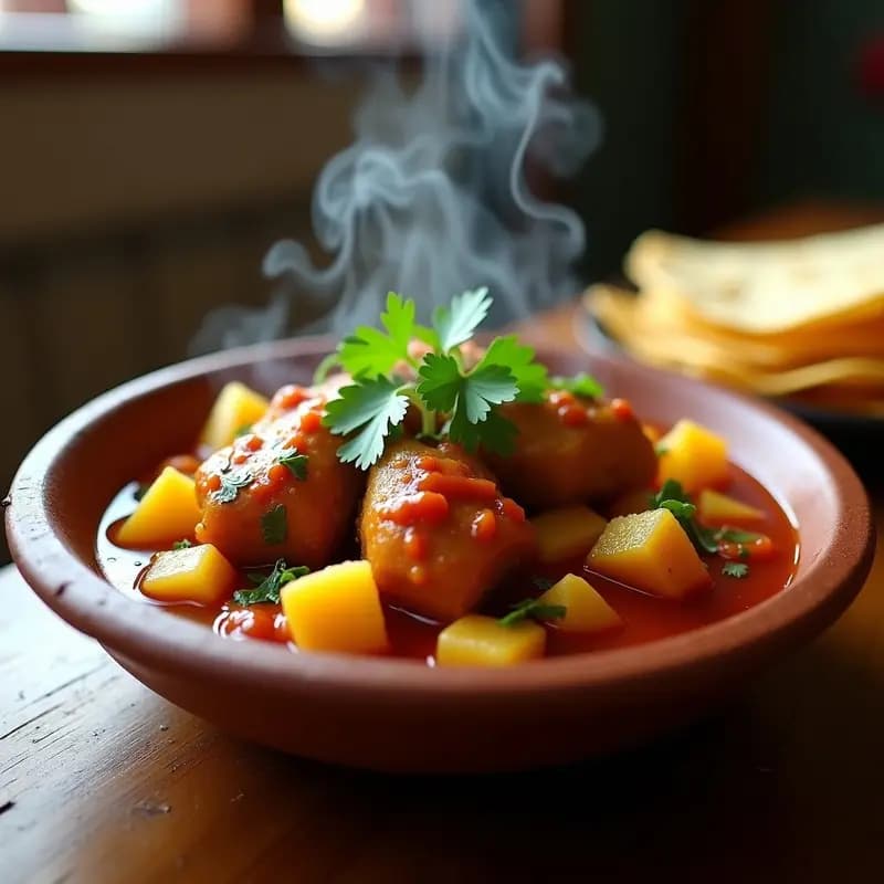 Plato hondo de barro con lompoc de cerdo en salsa de piña y chipotle, trozos de cerdo dorados bañados en una salsa espesa color ámbar, acompañados de cubos de piña caramelizada y cilantro fresco. Receta mexicana en olla exprés.