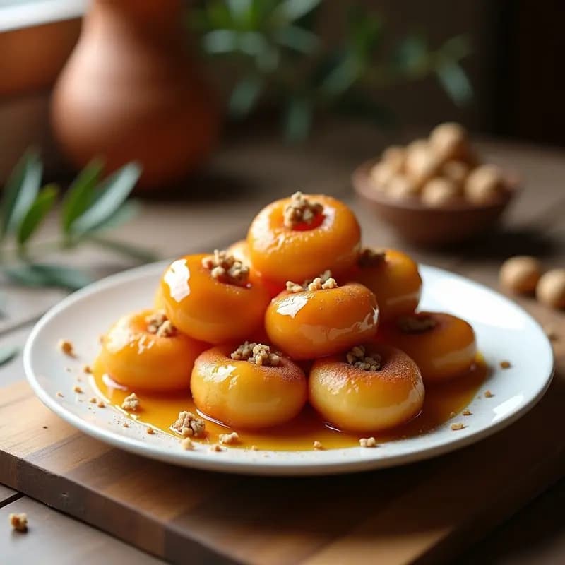 Loukoumades griegos dorados en forma de donas pequeñas, bañados en miel espesa con canela y nueces picadas, servidos en un plato de cerámica blanca sobre fondo rústico.