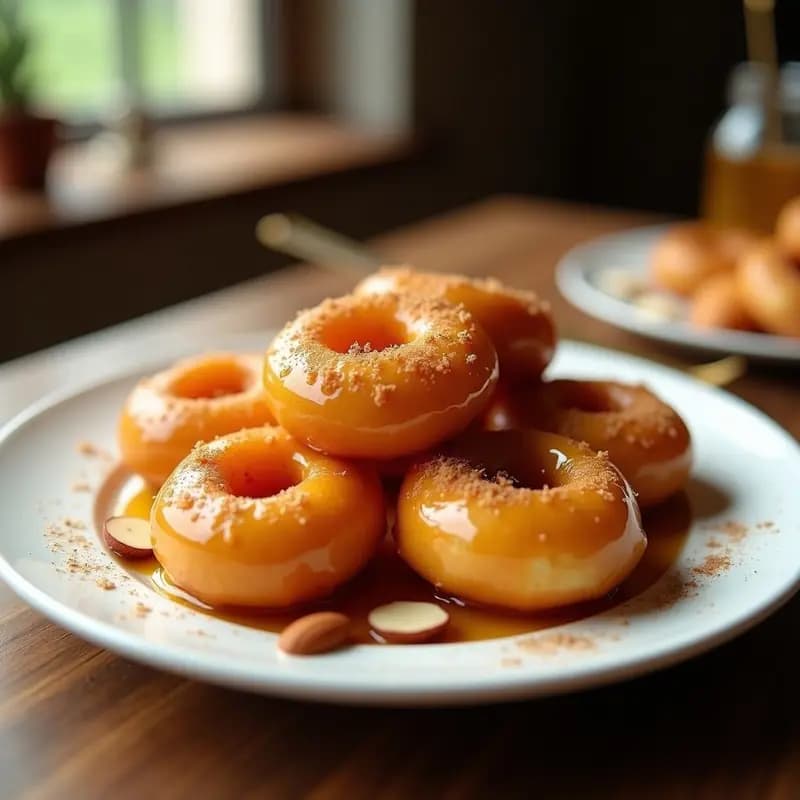 Plato blanco con Loukoumades griegas doradas y esponjosas, bañadas en miel brillante y espolvoreadas con canela y almendras fileteadas. Postre tradicional sin gluten con textura crujiente y aroma dulce.