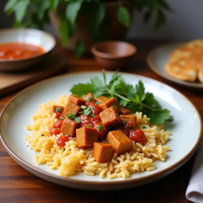 Plato tailandés de Luk Lak de Tempeh con salsa de ostra vegana, servido sobre arroz jazmín blanco, acompañado de rodajas de pepino, cebolla morada en juliana y cilantro fresco, con un toque de aceite de sésamo.