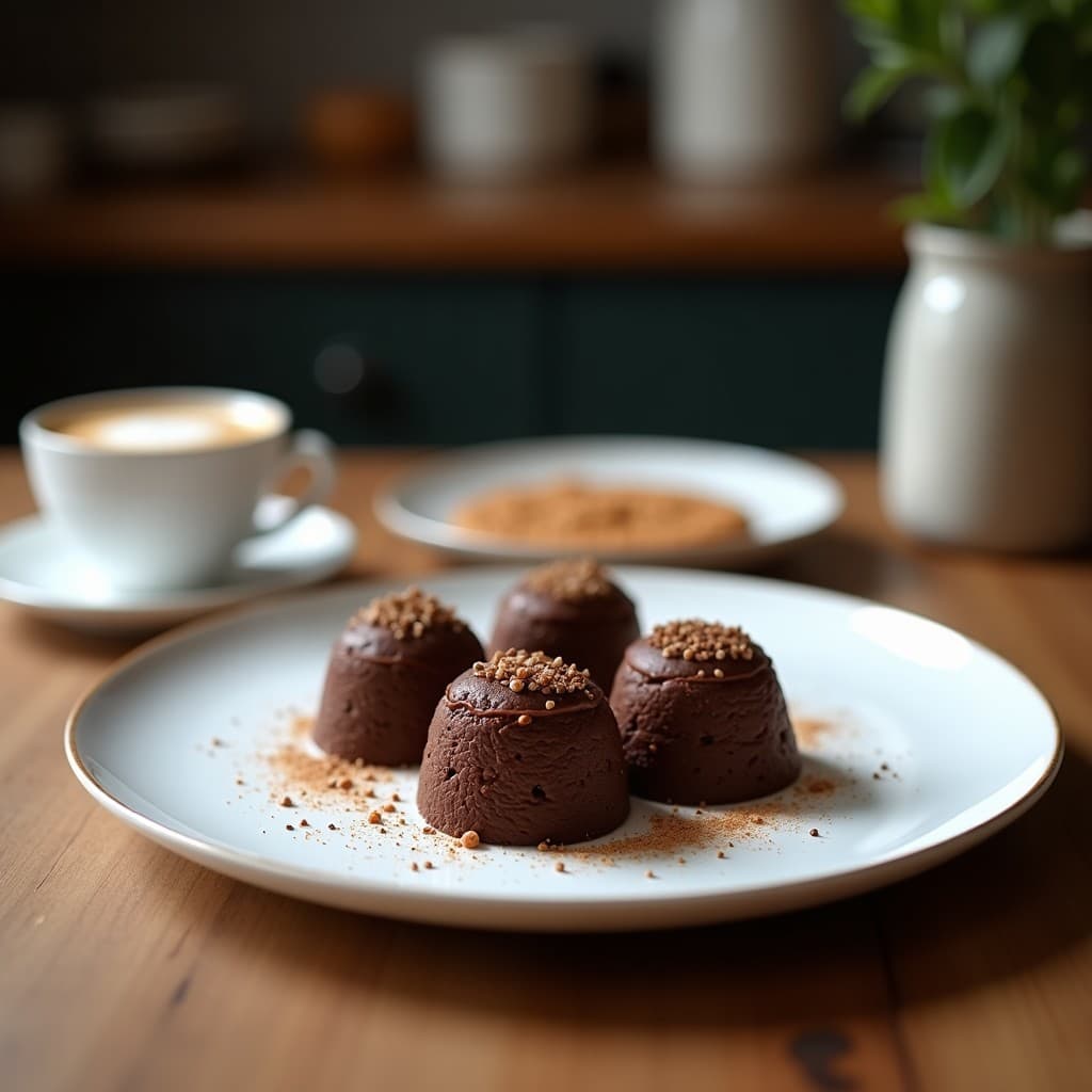 Postre suizo M Luxemburguerli de chocolate negro y avellanas tostadas sin azúcar, cortado en cuadrados y espolvoreado con cacao en polvo, sobre un plato blanco rústico con avellanas enteras como decoración.