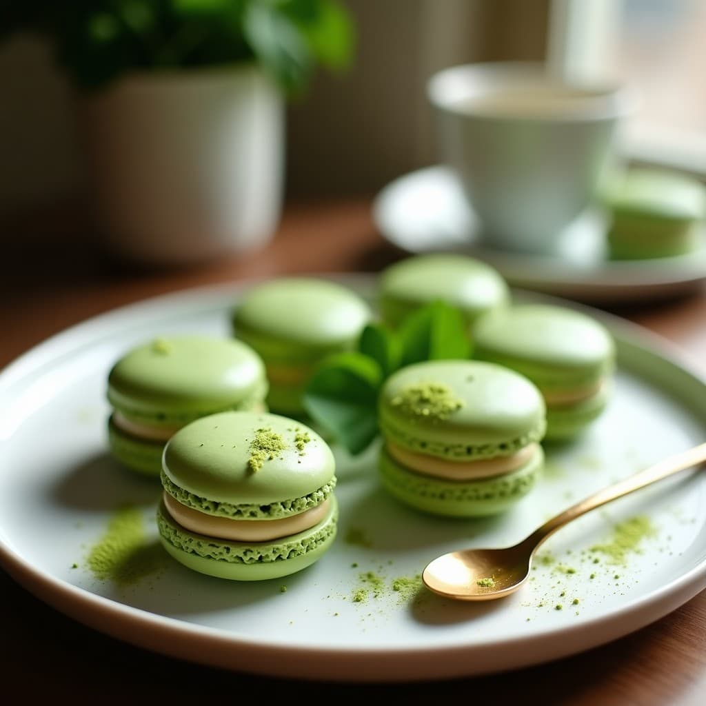 Macarons verdes esmeralda con textura lisa y pies perfectos, rellenos de ganache cremoso de color marfil. Presentados en una bandeja de madera con detalles minimalistas, resaltando su elegancia francés-japonesa.