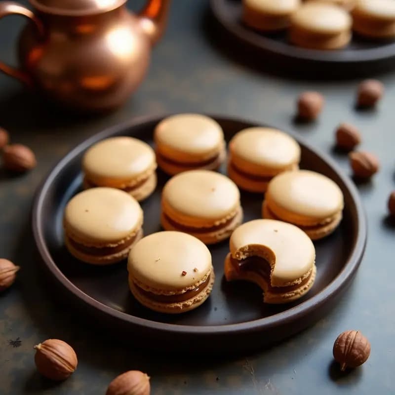 Macarons de café y nueces sin gluten dispuestos en una bandeja de madera oscura, con superficie lisa y color beige claro, rellenos de ganache de nueces. Detalle de la textura crujiente en los bordes y el brillo del glaseado. Postre francés elegante y sofisticado.
