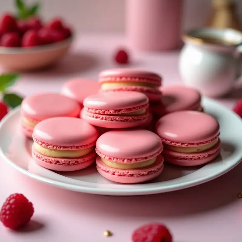 Macarons de frambuesa y chocolate blanco dispuestos en círculo sobre plato blanco de porcelana, con relleno cremoso visible y frambuesas frescas como decoración, fondo difuminado en tonos rosados y dorados.