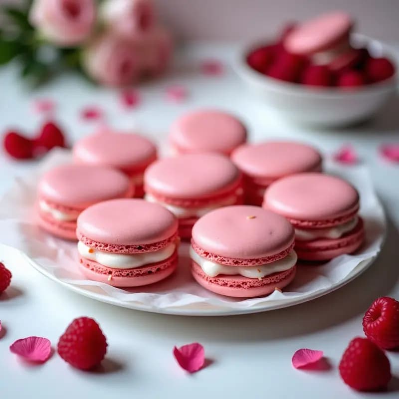 Macarons de frambuesa y rosa sin gluten en Thermomix, con capas perfectas y relleno rosado vibrante, dispuestos en una bandeja blanca con pétalos de rosa y frambuesas frescas.