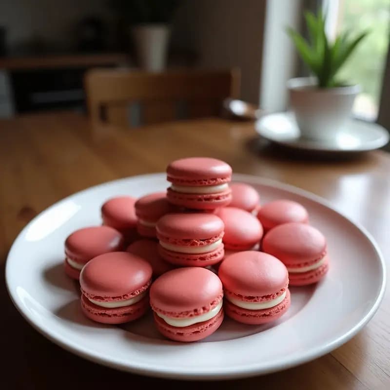 Macarons franceses de frambuesa dispuestos en círculo sobre un plato blanco, con relleno rosa vibrante y azúcar glass espolvoreada. Postre elegante y colorido en casa.