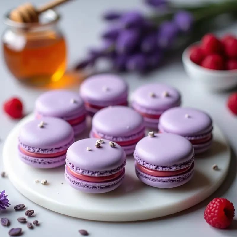 Macarons de lavanda y miel con relleno de ganache de frambuesa, postre francés gourmet. Cascaras moradas claras con textura lisa y bordes definidos, rellenos de crema rosada. Presentados en bandeja blanca con flores de lavanda secas y miel derramada.