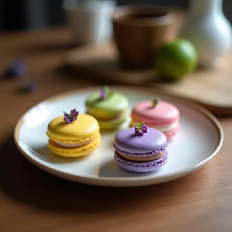 Macarons de lavanda y lima veganos y sin gluten, con superficie lisa y color lila suave, rellenos de crema de anacardos y lima, dispuestos en bandeja de madera con flores de lavanda frescas y rodajas de lima como decoración.