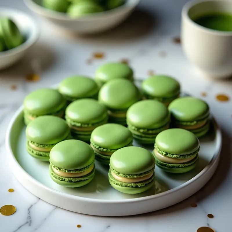 Macarons verdes esmeralda de matcha con relleno cremoso de chocolate blanco y wasabi, dispuestos en círculo sobre plato blanco con detalles dorados, fondo minimalista.