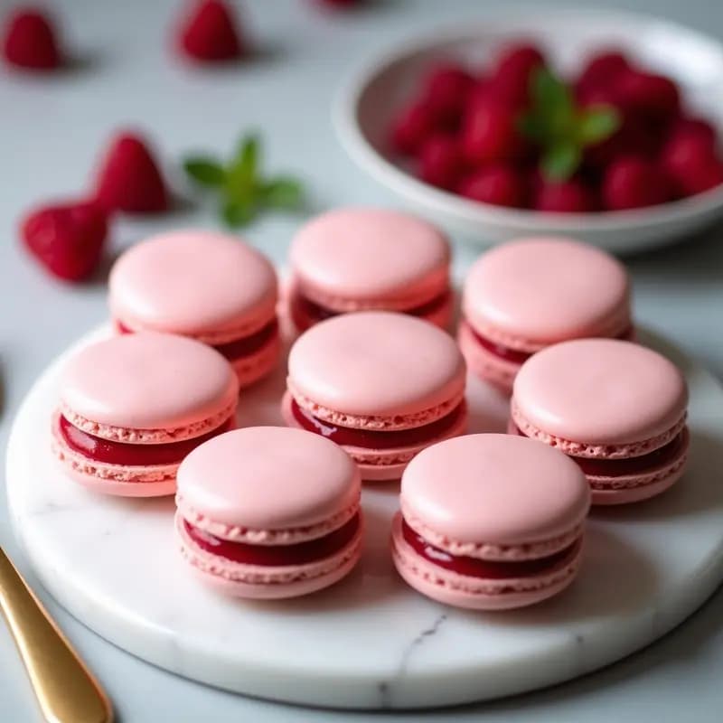 Macarrons de Paris rosados con textura lisa y costra brillante, rellenos de crema de frambuesa rosa pálido, apilados en una bandeja blanca con detalles dorados y frambuesas frescas como decoración, postre francés keto y sin gluten.