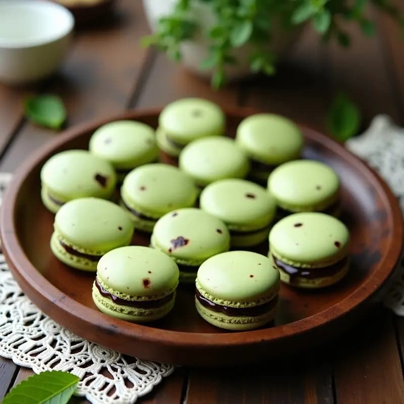 Macarons franceses de pistacho y chocolate sin gluten dispuestos en una bandeja de madera, con capas visibles de relleno de chocolate negro entre las cáscaras verdes claras, sobre un fondo rústico con hojas de menta.