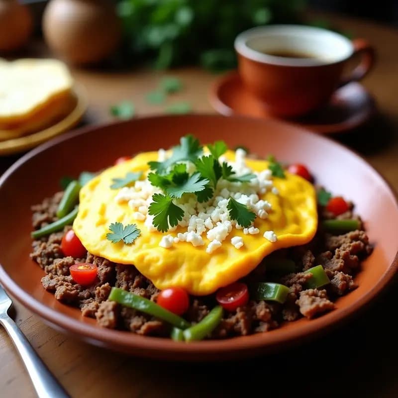 Plato hondo de barro con Machaca con Huevo y Nopales, desayuno mexicano alto en proteína y fibra, decorado con cilantro fresco y gajos de limón, acompañado de tortillas de maíz.