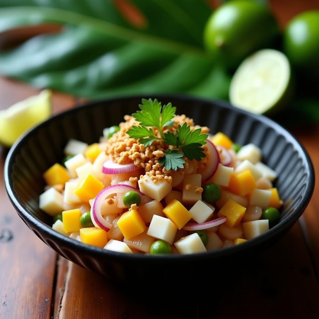 Plato hondo de cerámica negra con Macrelao de Cocona y Ají Charapita, ceviche amazónico con toque peruano. Trozos de pescado blanco marinado en jugo de limón sutil, cubos de cocona amarilla, cebolla morada en juliana, culantro fresco y maní molido espolvoreado. Acompañado de rodajas de limón y hojas de sacha culantro sobre fondo de hojas de bijao.