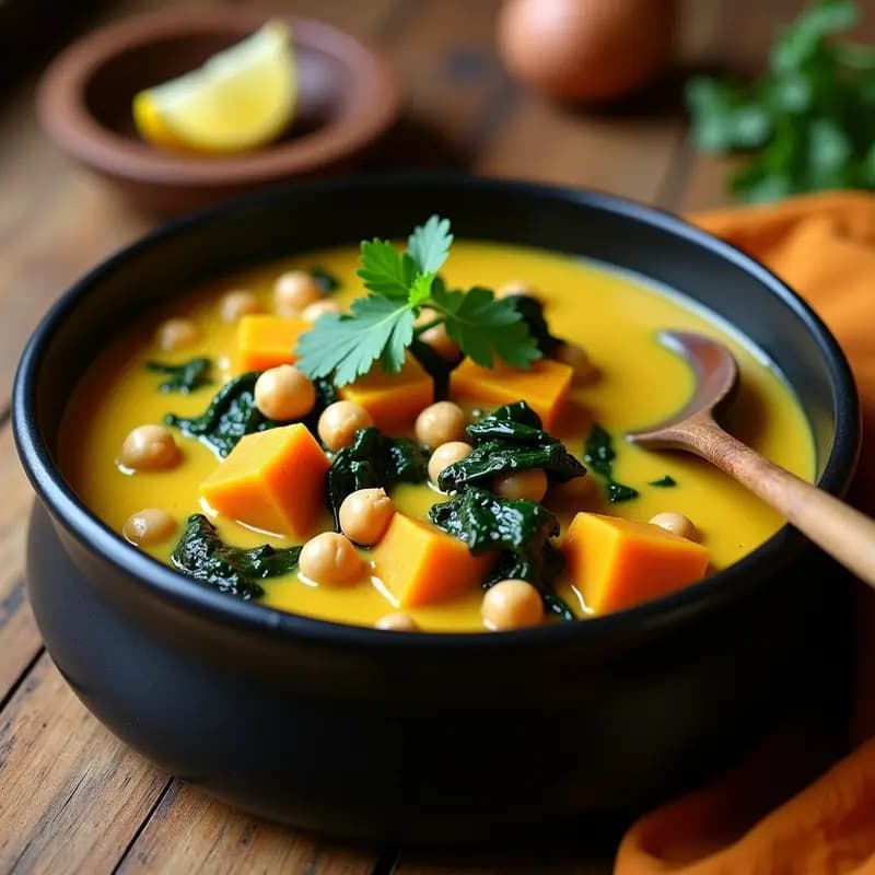 Olla de barro humeante con mafé vegano senegalés, estofado amarillo de garbanzos y calabaza en salsa de cacahuete, decorado con cilantro fresco y acompañado de arroz blanco.