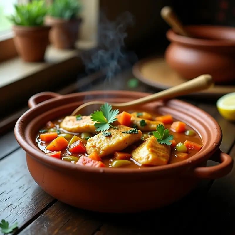 Olla de barro rústica con mafé de pez y salsa de cacahuete espesa, rodeada de filetes de merluza, zanahorias, pimientos y cilantro fresco. Plato tradicional africano con textura cremosa y colores vibrantes.