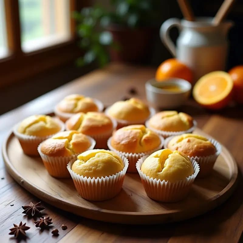 Magdalenas doradas y esponjosas de anís y ralladura de naranja sin gluten, servidas en una bandeja de madera rústica con cápsulas de papel blanco. Al fondo, granos de anís y una naranja cortada por la mitad.