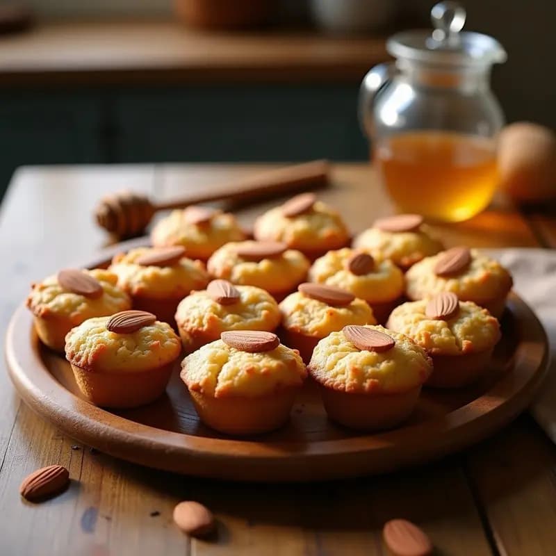 Magdalenas esponjosas doradas con topping de almendras fileteadas, servidas en bandeja de madera con fondo borroso de cocina tradicional. Receta de magdalenas de canela y miel sin azúcar refinado.