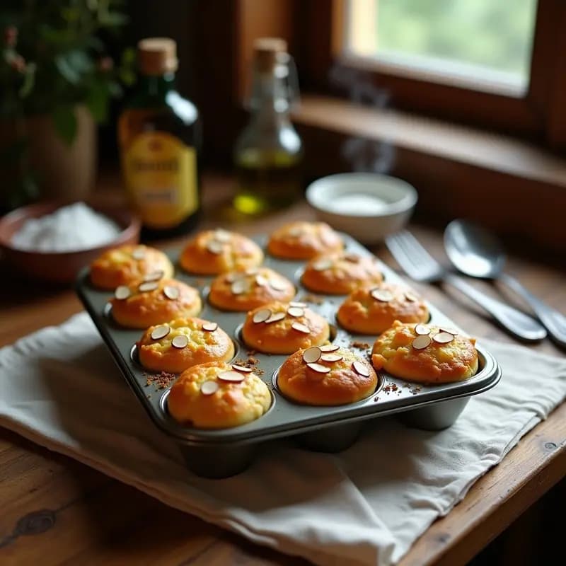 Magdalenas esponjosas de aceite de oliva recién horneadas, doradas y humeantes, con almendras laminadas en la superficie, dispuestas en un molde metálico sobre una mesa de madera rústica. Receta tradicional española sin mantequilla.