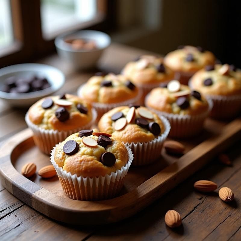 Magdalenas esponjosas de harina de castaña con trozos de chocolate negro 90% y almendras fileteadas por encima, servidas en cápsulas de papel sobre una bandeja de madera rústica, receta keto sin azúcar.