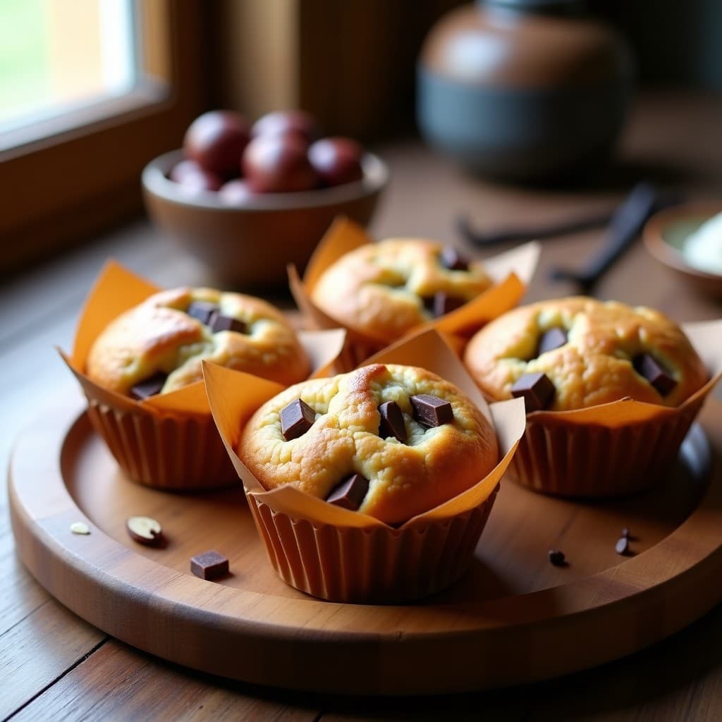 Magdalenas doradas y esponjosas de harina de castaña con trocitos de chocolate 100% y almendras fileteadas en la superficie, servidas en cápsulas de papel sobre una bandeja de madera rústica. Postre francés sin gluten con textura húmeda y aroma a vainilla.