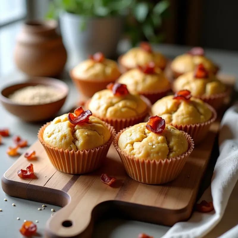 Magdalenas doradas y esponjosas de harina de garbanzo con trocitos de bacon crujiente y queso rallado, servidas en una bandeja de madera rústica con fondo borroso de cocina.